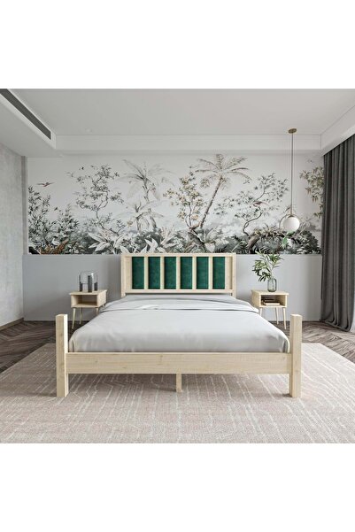 RENAZZO Orion Model Zümrüt Yeşili Puflu Başlıklı Doğal Çam Ahşap Karyola Ve İ...