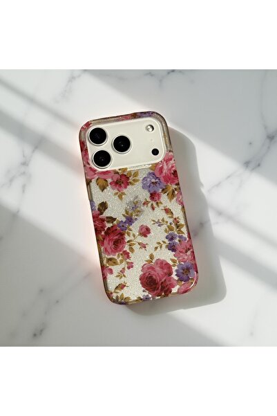 HYPERSOFT Iphone 17 Pro Max (6.9 inç) Uyumlu Simli Görünüm Flowers Desenli Şı...