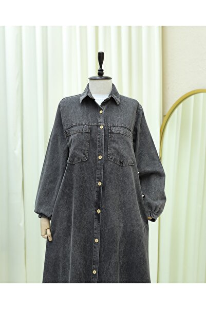 Modamorfo Buttoned Long Sleeve Denim Dress with Elasticated Pockets - Smoked