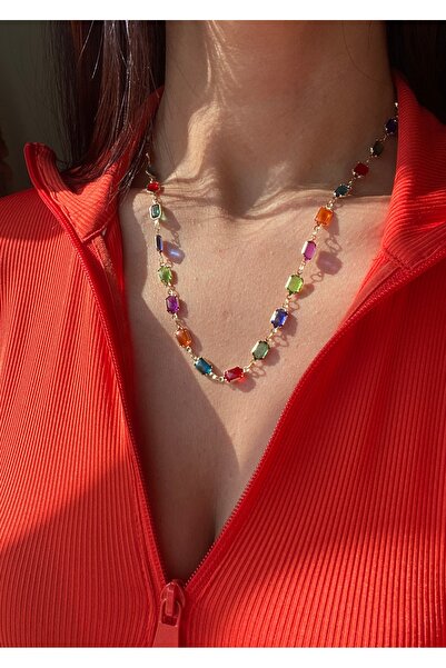 Atelier Licia Çelik Üzeri 14K Altın Kaplama Renkli Taşlı Trend Kolye