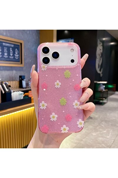 HYPERSOFT Iphone 16 Plus (6.7 inç) Uyumlu Simli Görünüm Flowers Desenli Şık K...