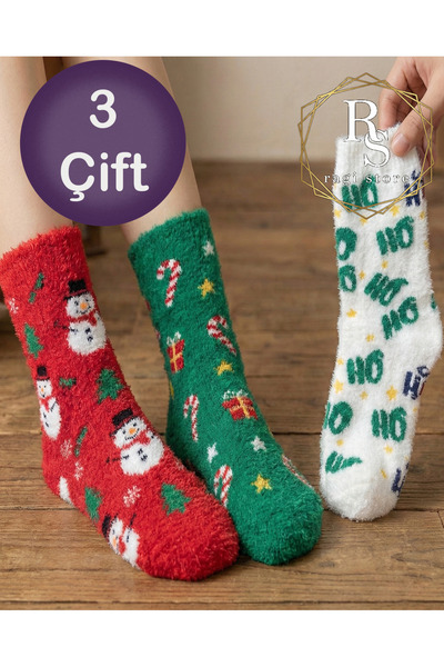 ragistore 3'lü Paket Yılbaşı Desenli Kışlık Havlu Çorap