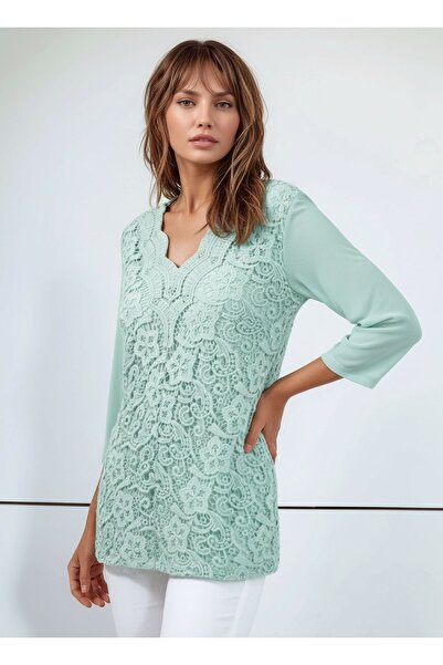 MAMAYAGA Plus Size Women's Sports Blouse - Floral Laced, Tulle Sleeves, Stylish Curve Model