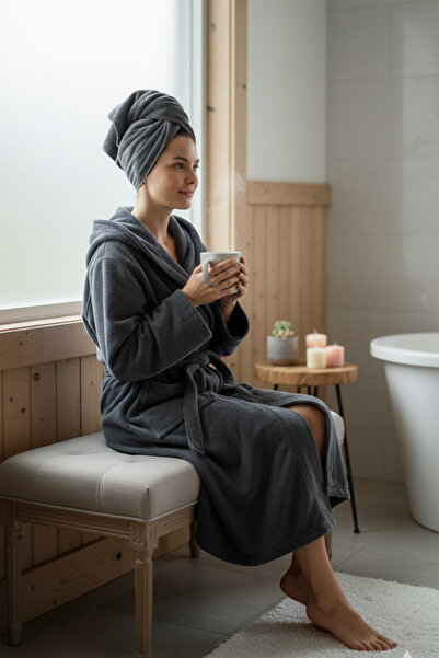 Linenza جالانت - 100% قطن - رداء حمام بغطاء للرأس - أنثراسيت