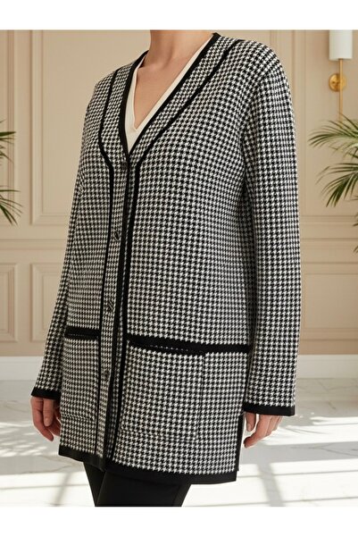 TEK سترة صوفية منقوشة بأقدام الغراب للأم الشابة / حجر أسود