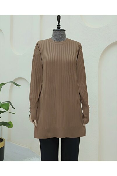 Modamorfo Crew Neck Ribbed Slit Knitwear Tunic - Mink