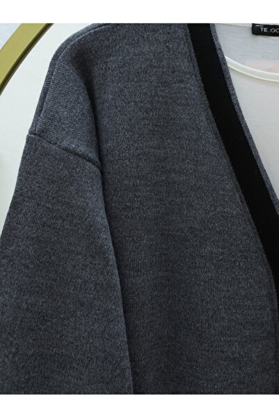 Modamorfo Metal Button Pocketed Knitwear Cardigan Double Set - Smoked