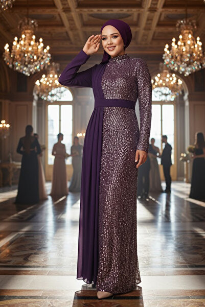 Neva Style Βραδινό φόρεμα με παγιέτες μωβ Hijab 25851MOR