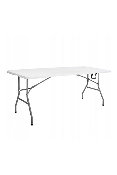 PROCART Folding table for camping or garden, suitcase type, 180x70x75 cm, steel frame, white