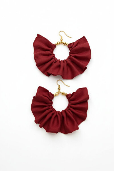 maia Kadın Gümüş Renk Halka Sallantılı Küpe – Bordo Kumaş Boncuklu Tasarım