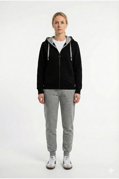 Cottonland Women's Olivia Regular Fit Three Thread Non-Fleece Hooded Cotton Sweat Coat Black