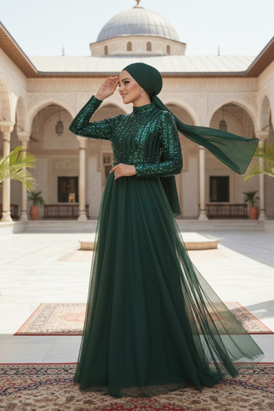 Neva Style Βραδινό φόρεμα με παγιέτες πράσινο χιτζάμπ 5338Y