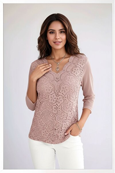 MAMAYAGA Γυναικεία Curve Plus Size Μπροστινά Floral Δαντέλα Μανίκια Τούλι Αθλητική Κομψή μπλούζα