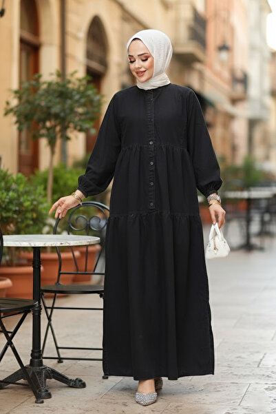 Neva Style Buttoned Anthracite Hijab Denim Dress 19143Ant