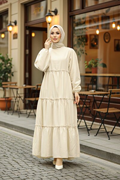 Neva Style Kat Pleated Cream Hijab Poplin Dress 57342Kr