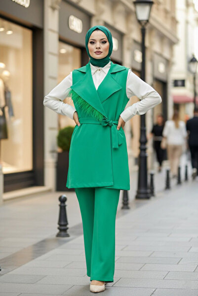 Neva Style σετ κοστούμι με γιλέκο Πράσινο Μαντίλι Διπλό Σετ 5916Y