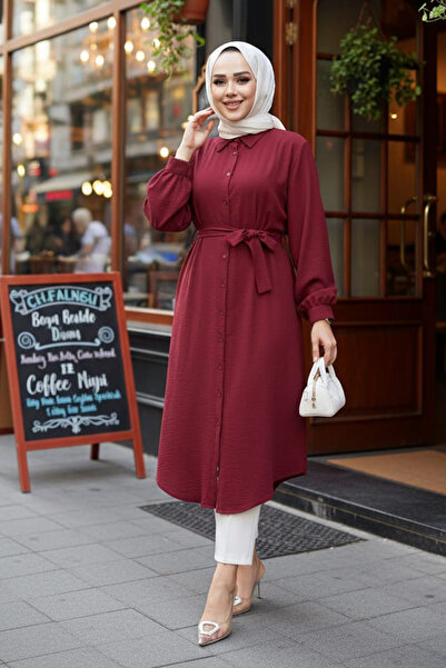 N.S NEVA STYLE Buttoned Burgundy Hijab Tunic 32172Br