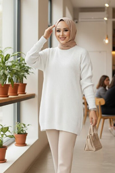 N.S NEVA STYLE κοτλέ Εκρού Τεσσέτρο Πλεκτό Πουλόβερ Τούνικ 29141Ε