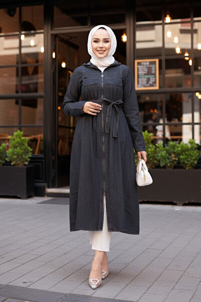 N.S NEVA STYLE Fermuarlı Siyah Tesettür Kot Kap 7103S