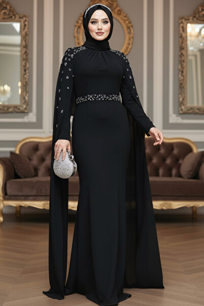 Neva Style Black Hijab Evening Dress with Cape 4863S