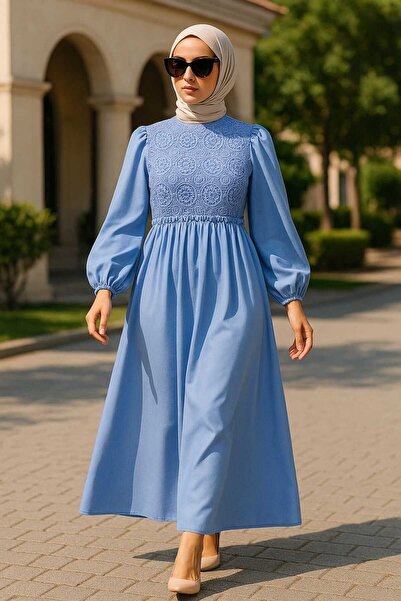 Neva Style Μπλε Φόρεμα Τσαντάκι με Δαντέλα 5857M