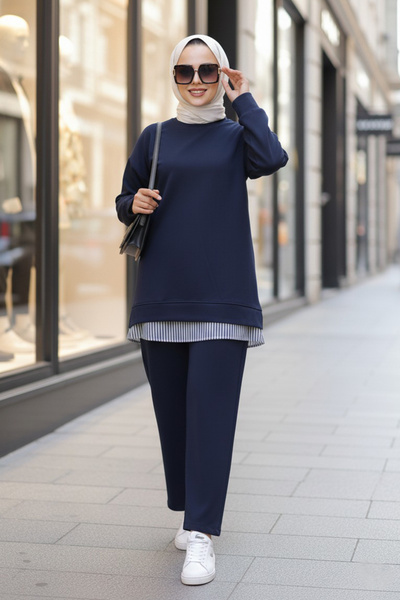 N.S NEVA STYLE Navy Blue Hijab Double Set 17412L
