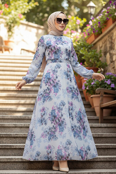 Neva Style Floral Patterned Indigo Blue Hijab Dress 279920 Im