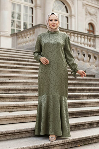 N.S NEVA STYLE Patterned Green Hijab Satin Dress 4457Cy