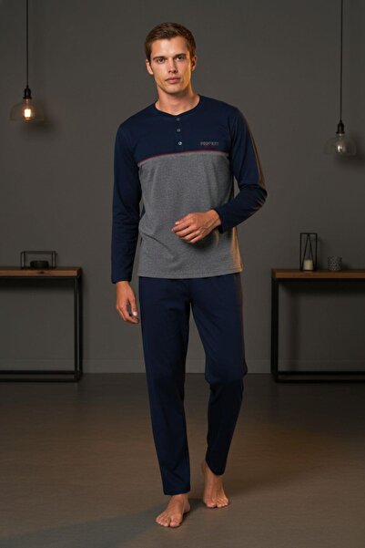 PİJAPİA Men's Long Sleeve Pajama Set Navy Blue 100% Cotton