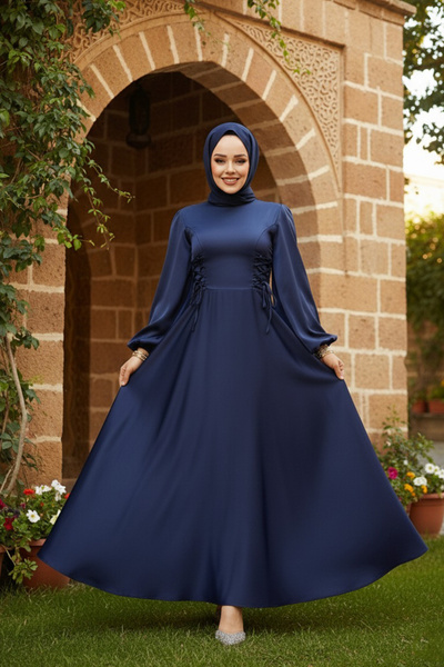Neva Style Balloon Sleeve Navy Blue Satin Hijab Evening Dress 61501L