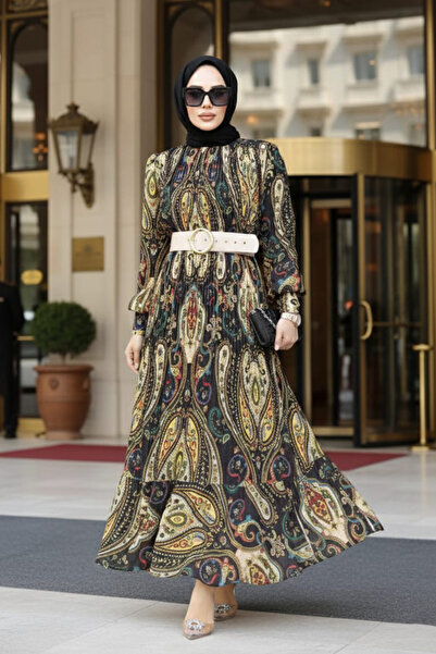 N.S NEVA STYLE Patterned Beige Hijab Dress 9271Bej