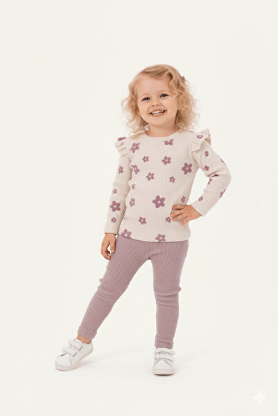 inebolu kids Flower Patterned Ribbed Knit Corded Fabric Girl's Set