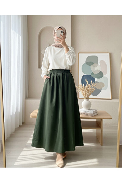 Modamorfo Elastic Waist Double Pocket Gabardine Skirt - Khaki