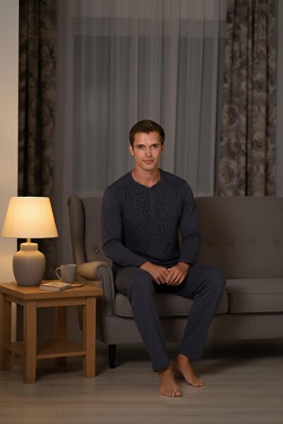 PİJAPİA Plus Size Men's Anthracite Long Sleeve 100% Cotton Pajama Set Comfortable and Soft Texture