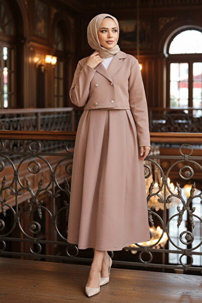 Neva Style Jacketed Camel Hijab Skirted Two-Piece Set 681C