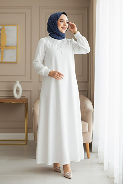 N.S NEVA STYLE Φόρεμα Λευκό Χιτζάμπ με Χάντρες 23815Β