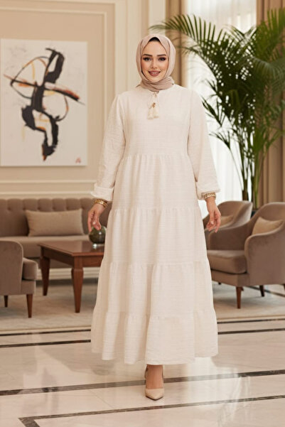 N.S NEVA STYLE Kat Pleated Cream Hijab Dress 19046Kr