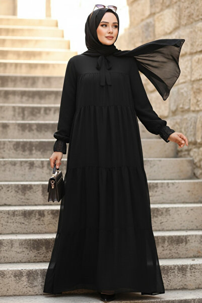 Neva Style Φόρεμα σιφόν μαύρο χιτζάμπ με πτυχωτό πάτωμα 23601S