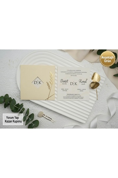 Genel Markalar Krem Zarflı Nikah, Nişan, Kına, Düğün Davetiyesi (50 Adet) 9313