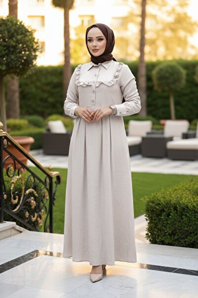 N.S NEVA STYLE Φόρεμα Μπεζ Χιτζάμπ με Λεπτομέρεια Κουμπιού 7224BEJ