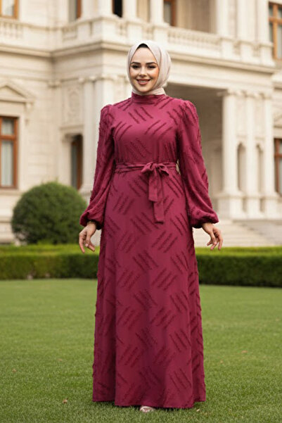 N.S NEVA STYLE Φόρεμα με σχέδιο μπορντό Hijab 5298BR