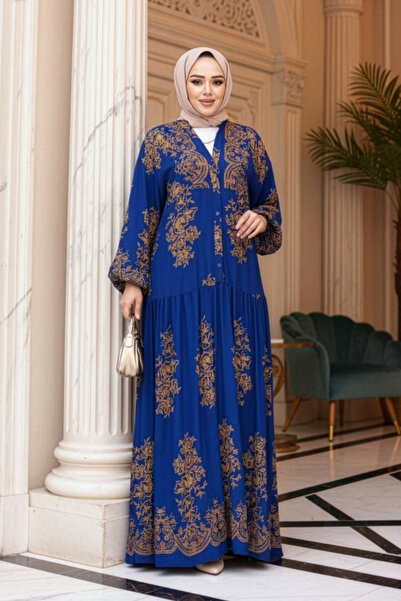 N.S NEVA STYLE Floral Patterned Sax Blue Hijab Dress 18241Sx