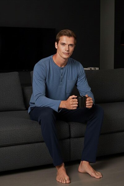 PİJAPİA Men's Plus Size Long Sleeve Pajama Set Blue 100% Cotton