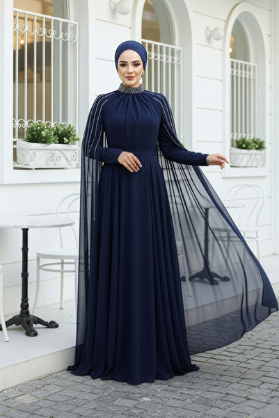 Neva Style Βραδινό φόρεμα Cape Detailed Navy Blue Hijab 47381L