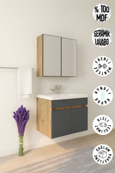 Teknor Tokyo Seramik Lavabolu Modern Aynalı Banyo Dolabı MDF