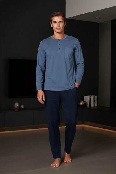 PİJAPİA Men's Plus Size Long Sleeve Pajama Set Blue 100% Cotton
