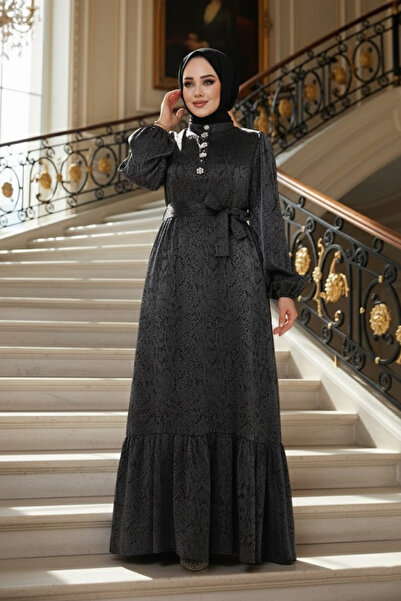 Neva Style Stone Detailed Black Hijab Jacquard Dress 23891S