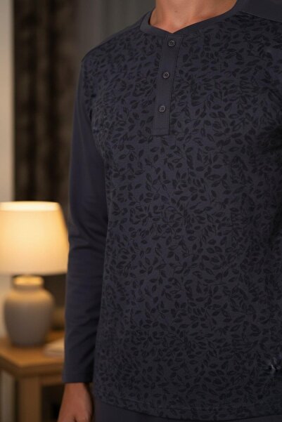 PİJAPİA Plus Size Men's Anthracite Long Sleeve 100% Cotton Pajama Set Comfortable and Soft Texture