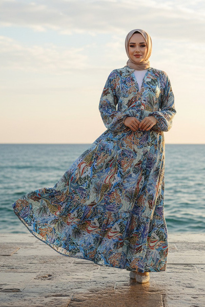 Neva Style Floral Patterned Blue Hijab Dress 235805 M