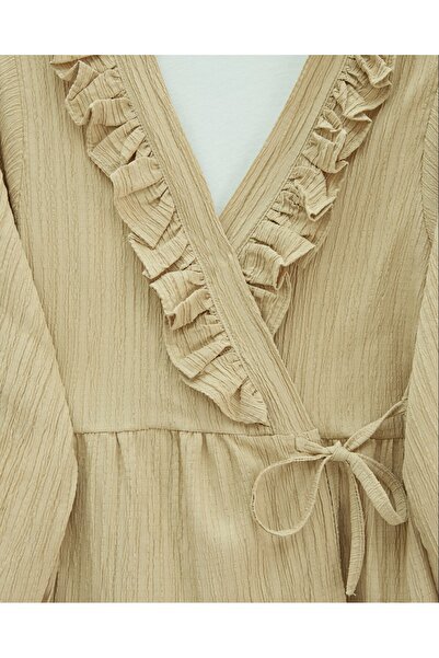 Modamorfo Kimono Set with Ruffled Collar and Tie Front Skirt - Light Mink